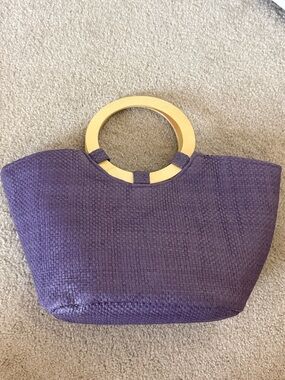 Chic Purple Woven Handbag w/ Wooden Ring Handles – Boho Statement Purse